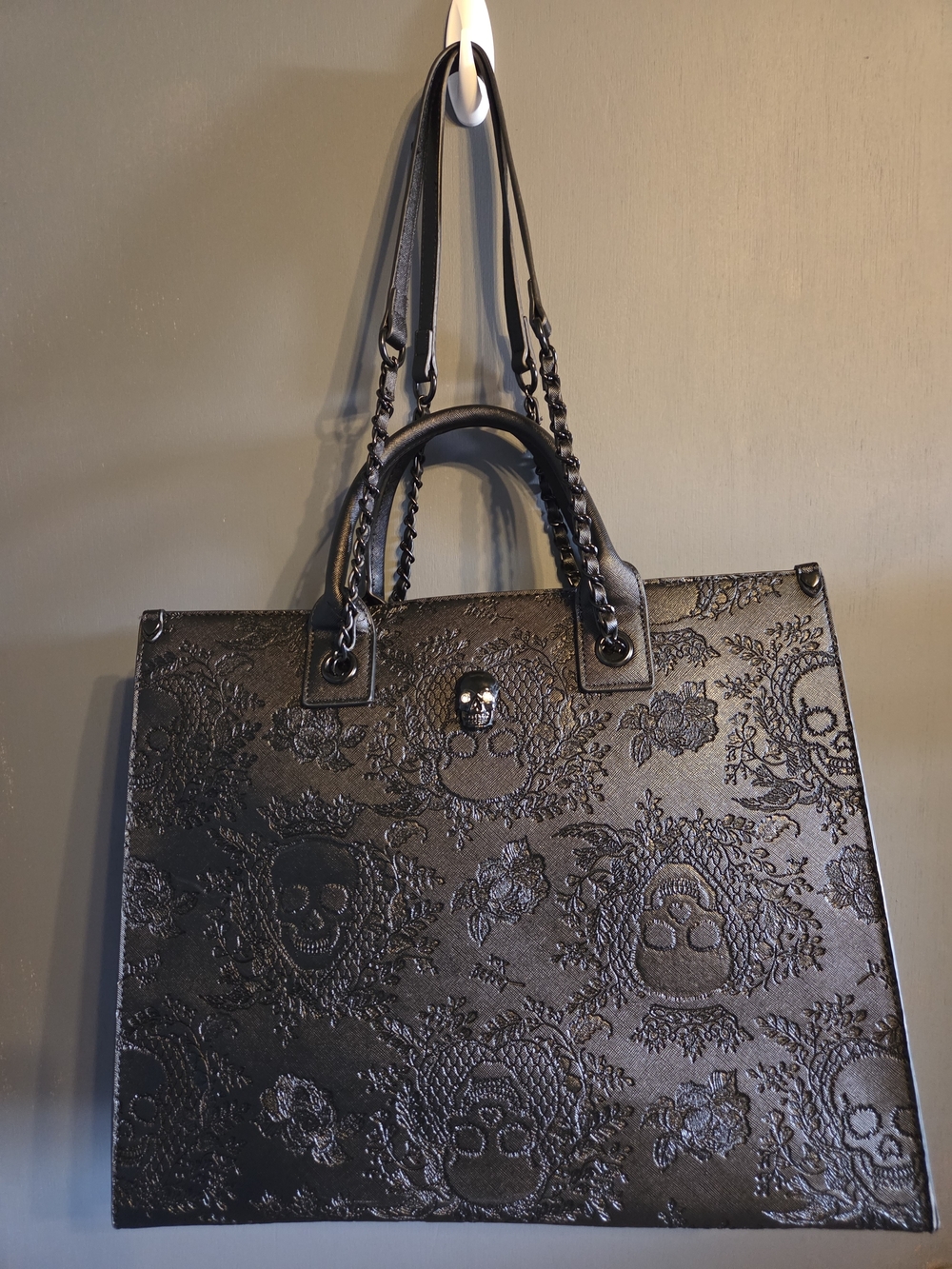 Betsey Johnson Black Embossed Skull Floral Tote.